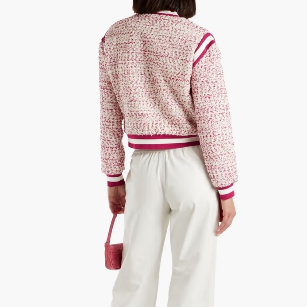 ALICE + OLIVIA Keri Varsity Bouclé-Tweed Bomber Jacket. Size Large. - Picture 3 of 12